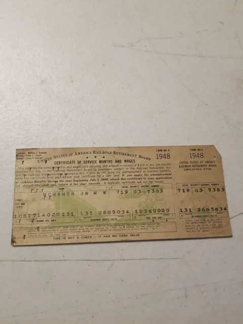 United States of America Railroad Retirement Board 1948 Certificate of Service
