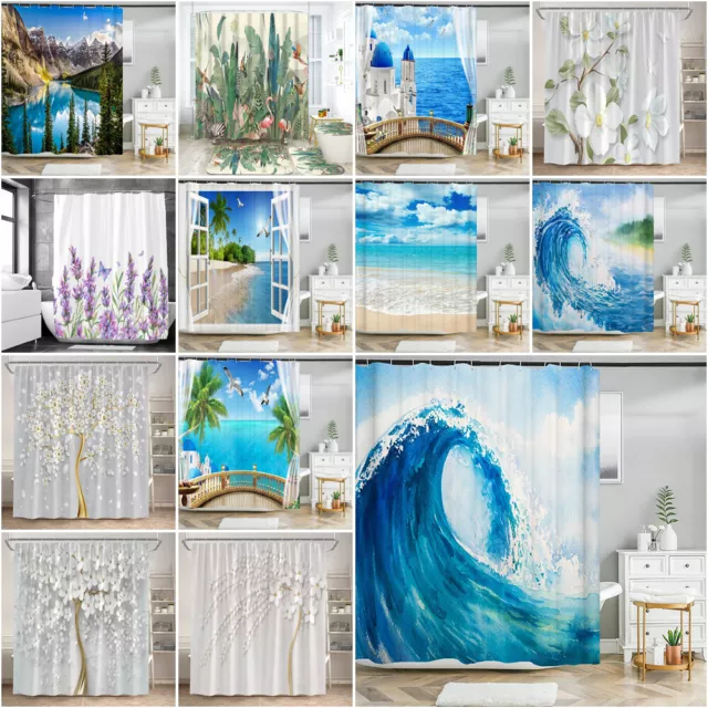 Extra Long Beach Tree Flower Shower Curtain Waterproof Bathroom Curtain w/Hooks