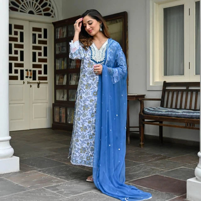 Set designer indiano Palazzo Kurta in cotone stampato Salwar Kameez punto pronto