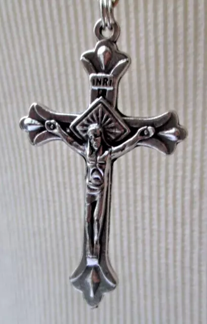 Ancien Chapelet crucifix médaille argenté perles graine marron bijou vintage 220