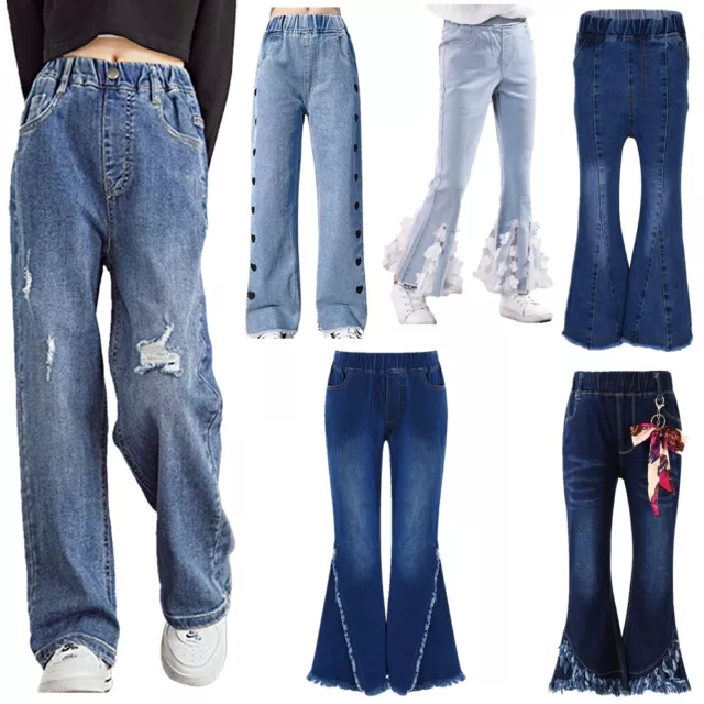 Jeans pour Filles Bootcut Déchiré Taille Élastiqué Pantalon en Denim pour Enfant