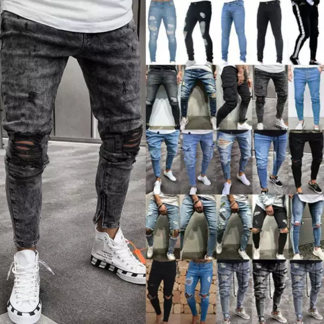 Mens Skinny Ripped Jeans Casual Trousers Slim Stretch Fitness Denim Pants Bottom