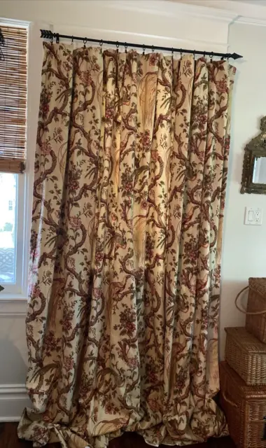 PAIR Thermal Lined Weighted Curtain Panels Birds Floral Tan-Red-Yellow 106"x105"