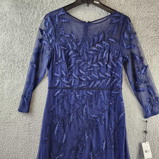 Adrianna Papell Beaded 3/4-Sleeve Gown Women's 10 Light Navy Boat Neck Back Zip 3