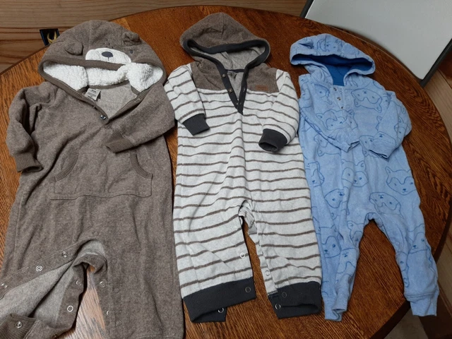 CARTERS Boy Infant size 9 months Hooded Long Sleeve Rompers Brown Blue Lot of 3