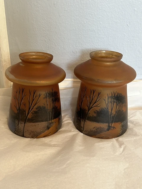 Antique Honey Amber Lamp Shades Sconces Hand Painted Vintage Pair Tree Scenery