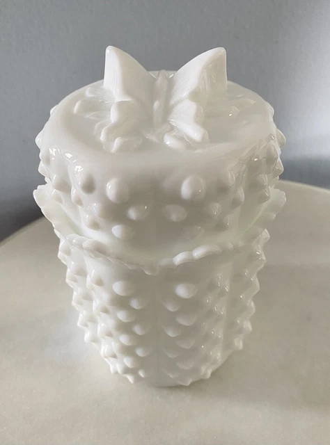 Fenton Milk Glass Hobnail Candy Jar BUTTERFLY LID  6”T Vintage Cigarette Holder