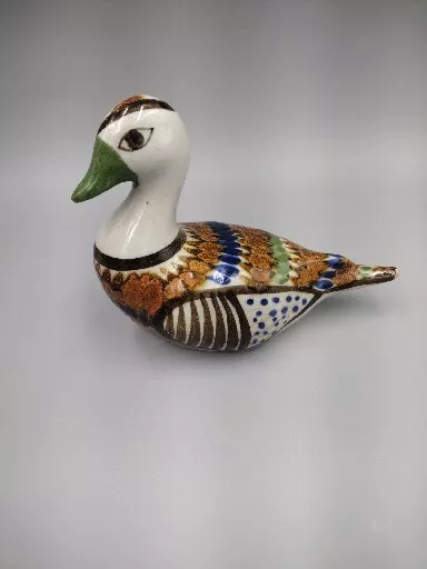 Tonala Mexican Pottery Duck Hand Painted Folk Art Bird Signed MATEOS Vintage