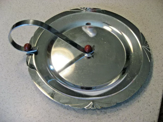 Vintage Mid Century Modern Metal Round Serving Tray with Handle - 10"D Art Deco