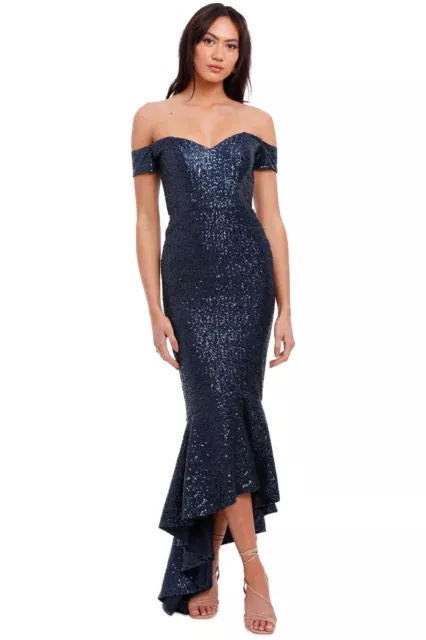 Portia and Scarlett Diamond Sequin Hi Low Sweetheart Gown in Navy Size 14 AU