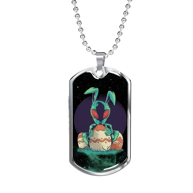 Alien Egg Necklace UFO Fan Gift Stainless Steel or 18k Gold Dog Tag 24" Chain