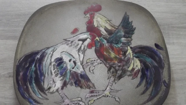 Superbe et grand plat en céramique de Louis GIRAUD VALLAURIS Décor de coq 1950's