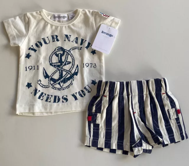 Korango baby boy size 0-3 month shorts t-shirt set navy nautical blue white BNWT