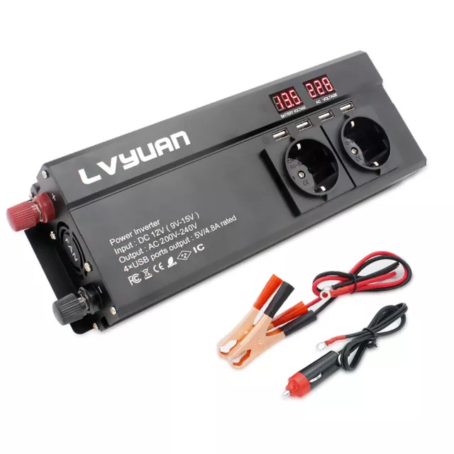 Auto 1000W 2000W Spannungswandler 12V auf 230V Wechselrichter 4USB 3AC Schwarz