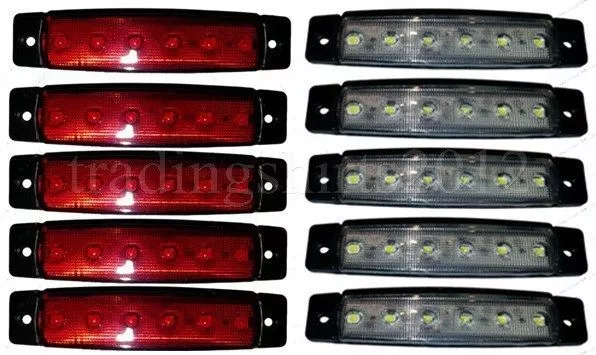 Set of 10 pcs 6 SMD LED 12V Red White Side Markers Lights Lamp Lorry Trailer Bus