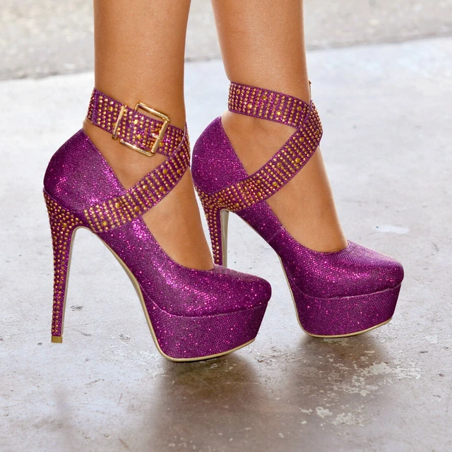 Escarpins à boucle étincelante pour femmes plate-forme chaussures talons de fête taille 4 VIOLET