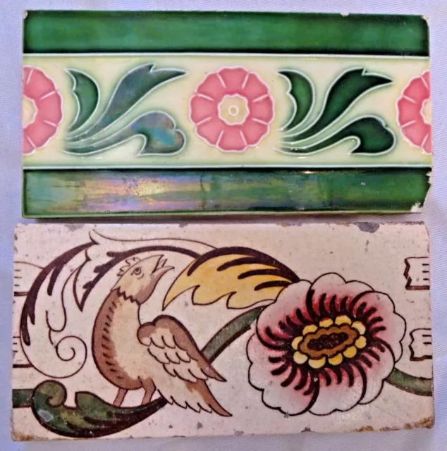 Antique Tile Japan Porcelain Majolica Art Nouveau Printed Parrot Floral 2 Pc Lo