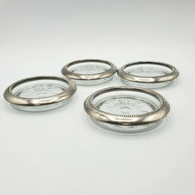 Vintage Glass Coasters Starburst Pattern Set by Leonard Trim Silverplate Lot 4