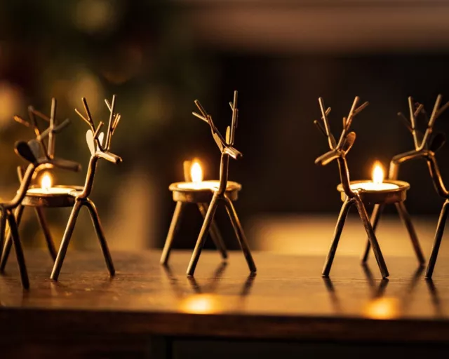 Christmas Candle Holder Decoration 6pc Set Tealights Reindeer Metal Xmas Decor