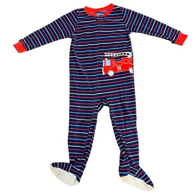 Carters Boys Striped Fire Engine Fleece Footie Pajamas Red Blue 4T EUC