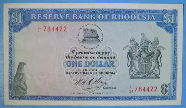 1970 Reserve Bank of Rhodesia One Dollar $1 Note World Currency