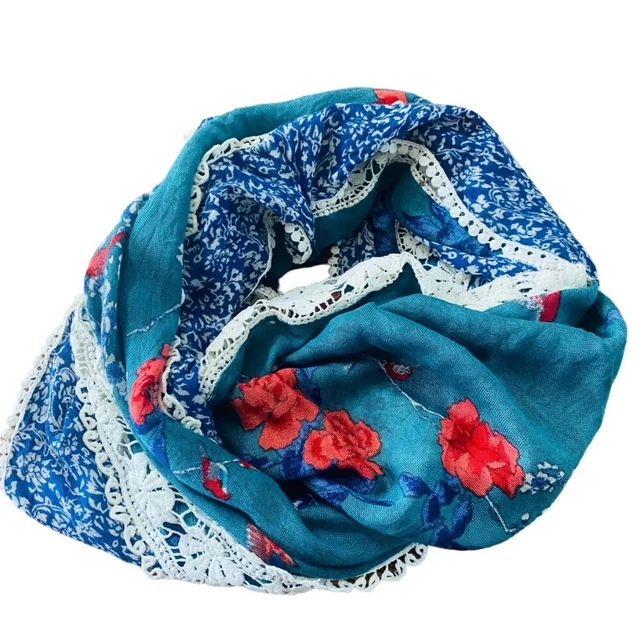 Anthropologie Rose & Rose Rr Cotton Crochet Lace Boho Red Rose Bird Floral Blue