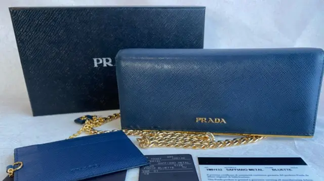 Authentic Prada Saffiano Blue Leather Wallet on Chain Bag Clutch Gold Chain