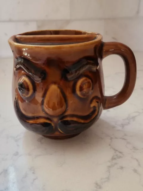 Vintage Mustache 1970s Scuttle Brown Ceramic Shaving Mug Black Mustache Eyes