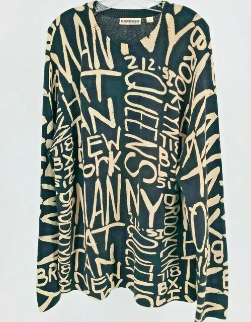 Vintage 1980s Authentic Express Sweater NYC Graffiti XL Schitts Creek Style Rose