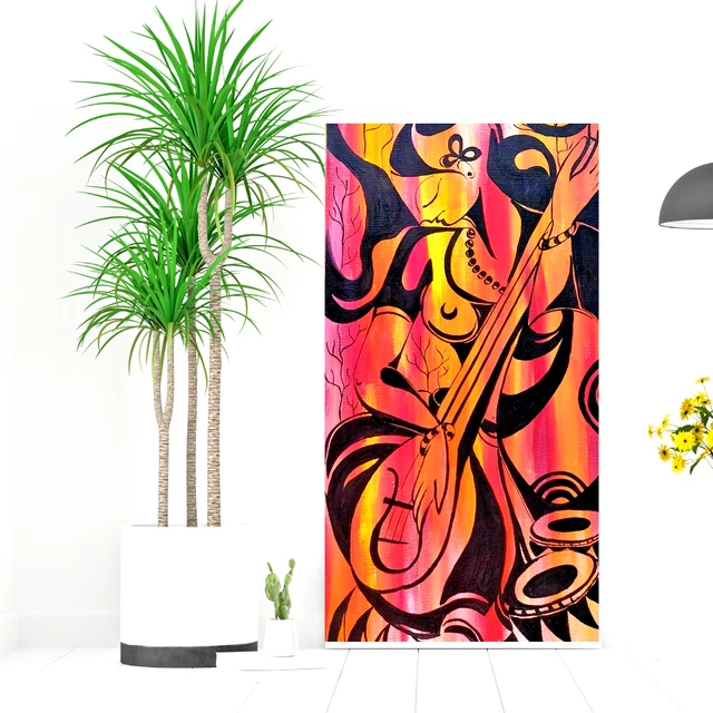 WOMAN WITH SITAR Sri Lankan Traditional Acrylic Painting on Canvas