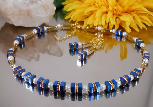 2er Set Collier u. Ohrringe Hämatit blau u. gold  Strass Glasperlen weiss