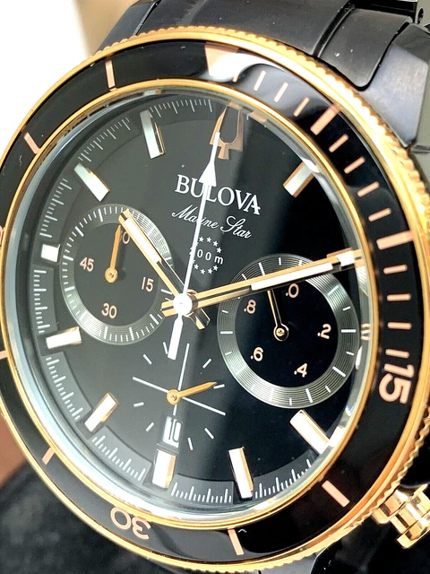 Bulova Men's Watch 98B302 Marine Star Black Dial Quartz Chronograph Steel 45mm