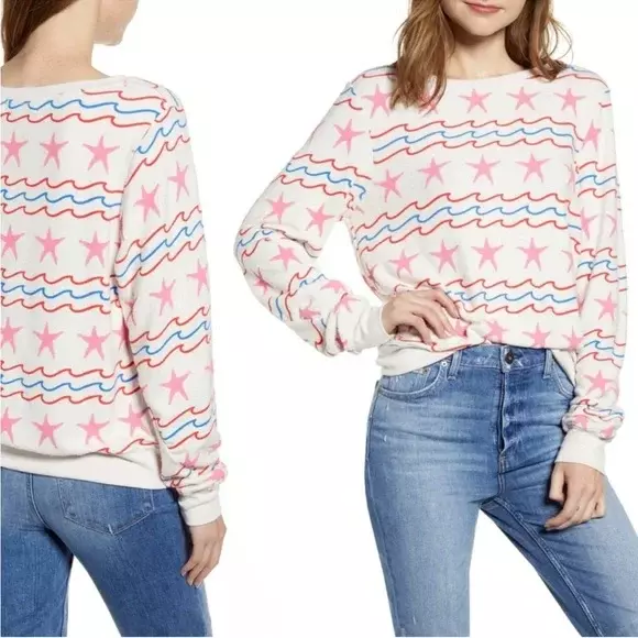 Wildfox Sea Stars and Stripes Sweatshirt XS Cream Multi Long Sleeve Oversized