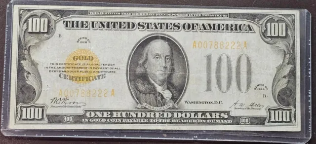 *** 1928 $100.00 GOLD NOTE GOLD SEAL. Decent Condition. Pinholes