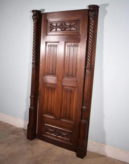 82" Tall Vintage French Solid Oak Gothic Wood Door w/Highly Carved Side Pieces