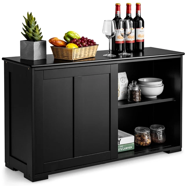 Kitchen Storage Cabinet Sideboard Buffet Cupboard Wood Sliding Door Pantry Black