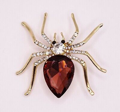 Halloween Large Gold Diamante Burgundy Spider Brooch Pin Brand New FREE P&P