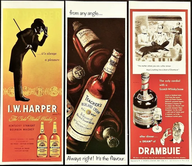 Drambuie Teachers Harper whisky ads vintage 1950 's 3 original advertisement