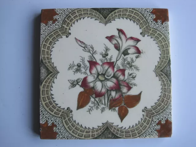 ANTIQUE VICTORIAN T.G.& F. BOOTH FLORAL PRINT & TINT WALL TILE- C1900 No.656