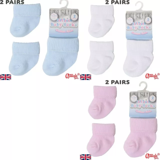 Premature Baby-Tiny Baby Socks-2 Pair Pack-Up To 3.5 kg-White-Light Blue Or Pink