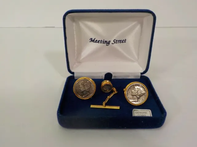 Genuine Silver Mercury Dime U.S. Coin Cufflinks & Tie Tac, Gold Tone Mountings