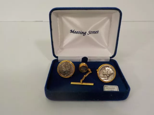 Genuine Silver Mercury Dime U.S. Coin Cufflinks & Tie Tac, Gold Tone Mountings Genuine Silver Mercury Dime U.S. Coin Cufflinks & Tie Tac, Gold Tone Mountings