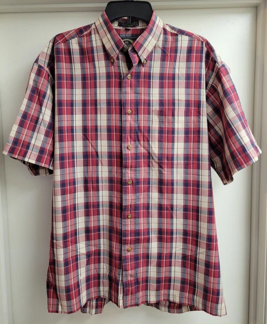 BD Baggies Mens Large Red Tan Gray Plaid Button Shirt Chatham Cloth 16-16.5 Neck