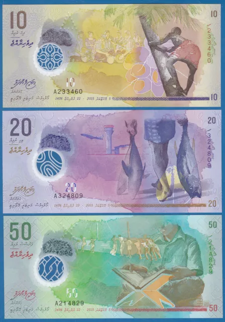 Maldives 3 Notes 10 + 20 + 50 Rufiyaa P 26 27 28 2015 (2016) UNC Polymer