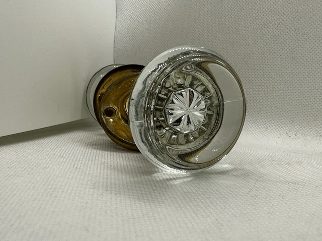 Vintage Crystal Glass Door Knob Brass Victorian Round Design Antique 2"