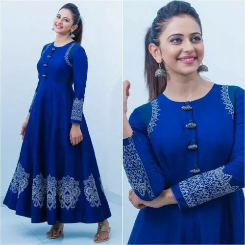 Women Blue Long Flared Kurti Kurta Traditional Designer Gown Anarkali Dress