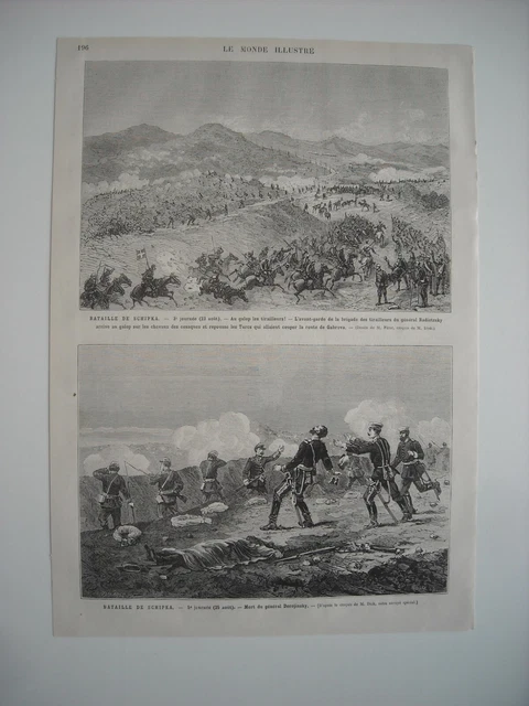 Gravure 1877. La Guerre. Bataille De Schipka. Mort General Derojinsky. Tirailleu