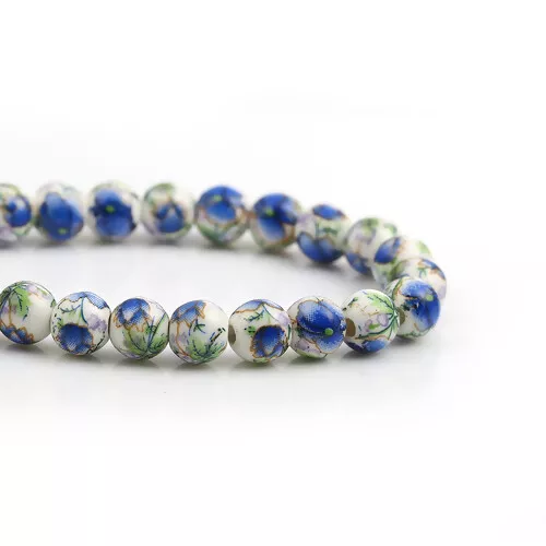 40 Ceramic Flower Blue & White Beads - 8mm - Round - Hole 2mm - J112565