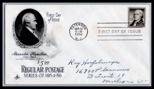 US FDC  # 1053 $5 Hamilton  ArtCraft Addressed 1956, 0a186