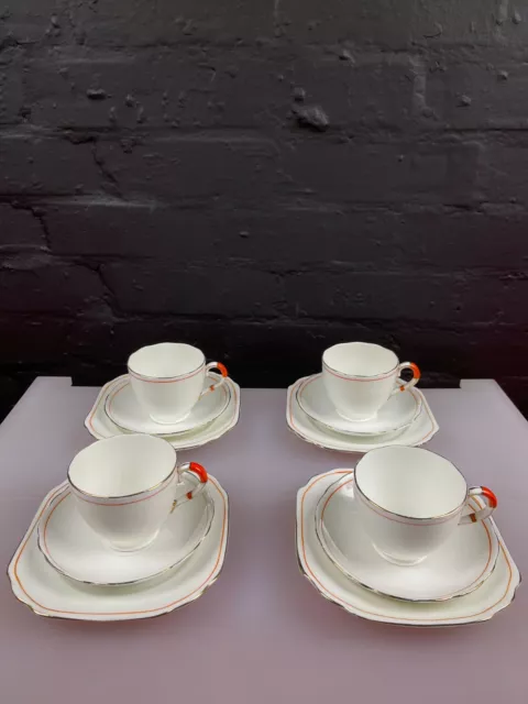 4 x Radford China Art Deco Teetrios Tassen Untertassen und Beilagen Set orange